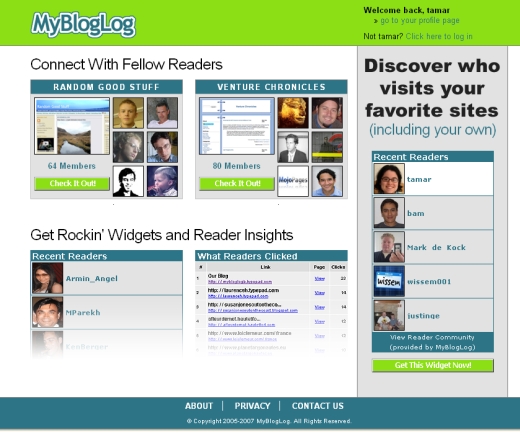 MyBlogLog Welcome Screen MyBlogLog Welcome Screen