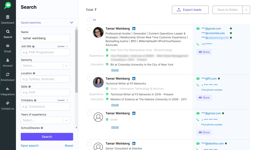 ContactOut search screen